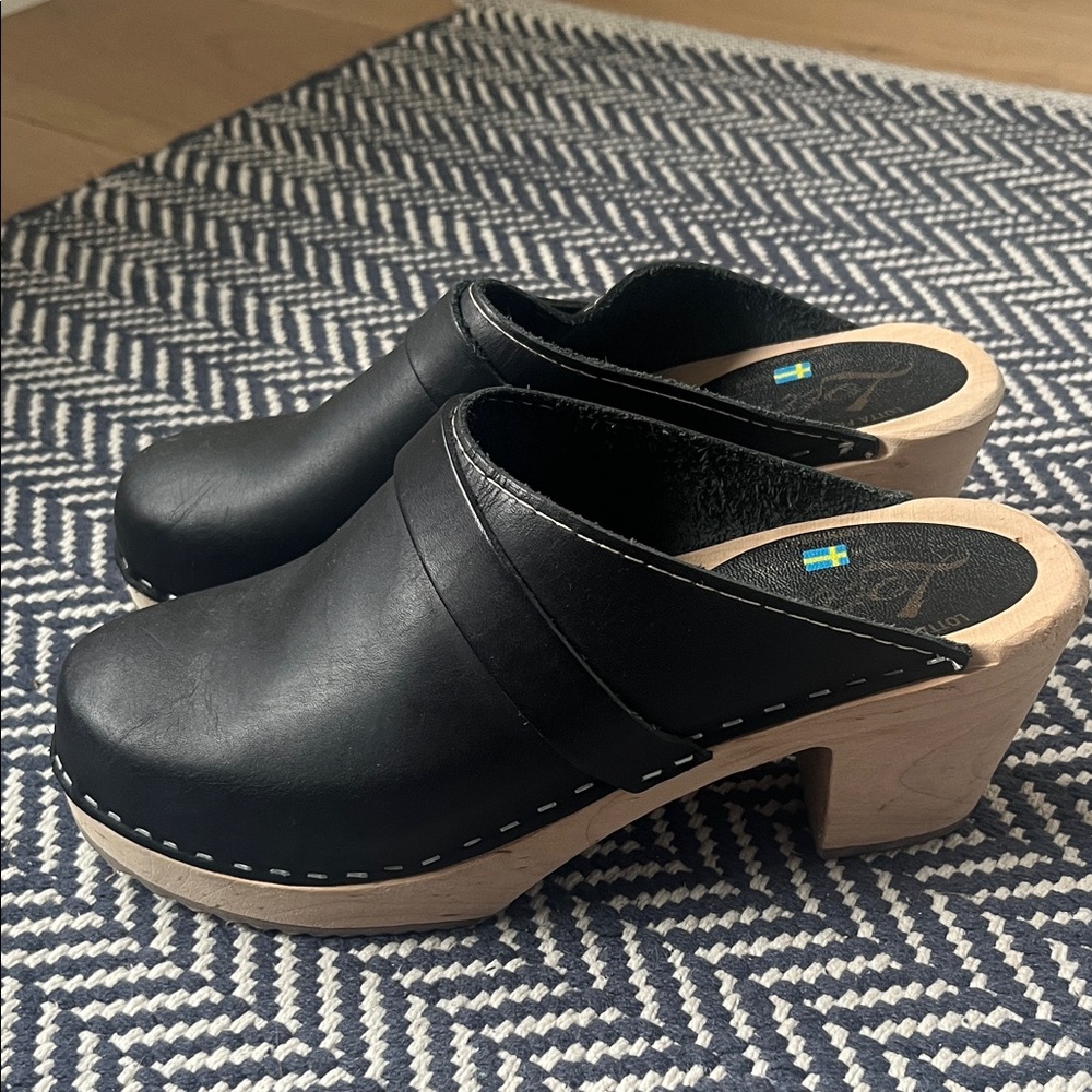 Lotta Swedish Brand Black Leather Clogs with Wood Heel